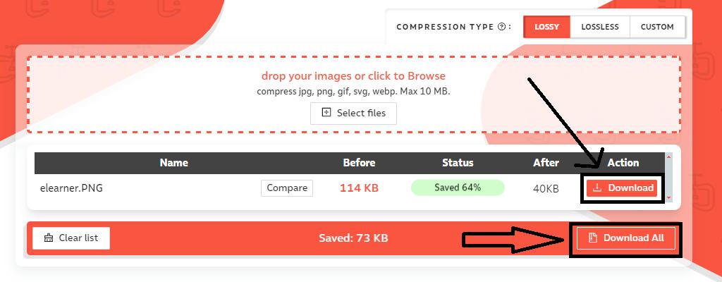 Результат сжатия в Compressor.io с колонками Before, Status, After и кнопками Download и Download All