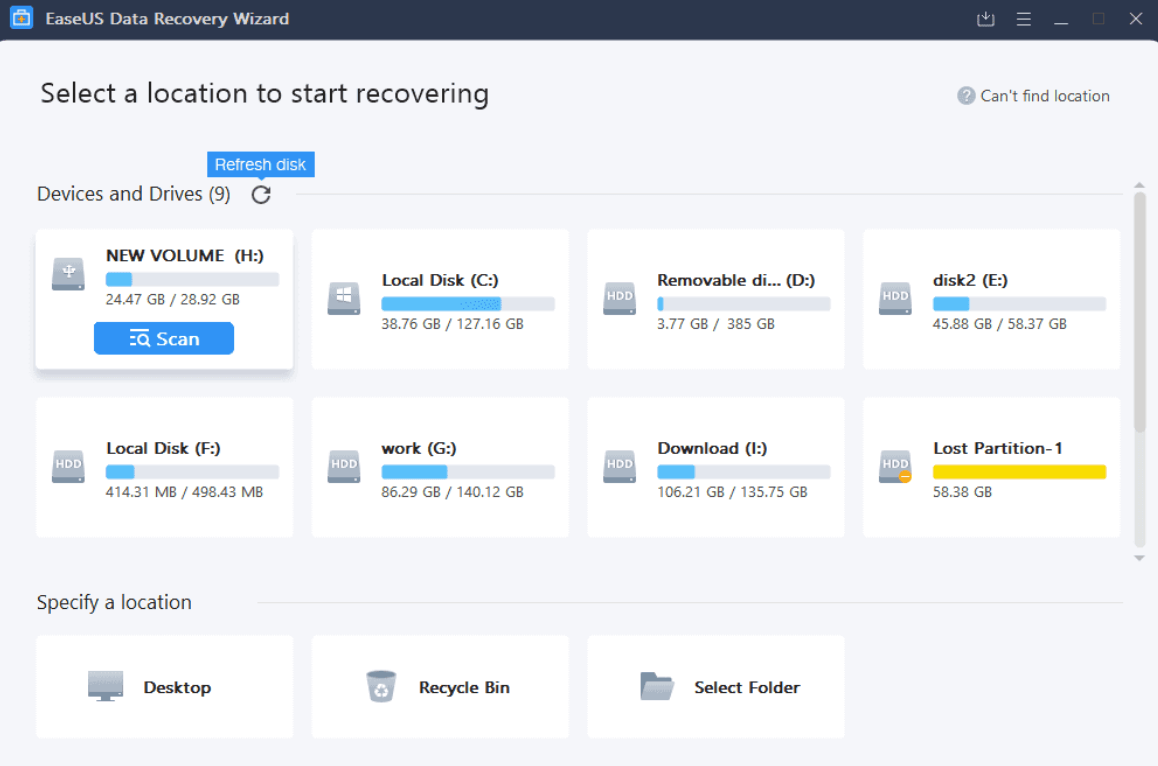 Интерфейс EaseUS Data Recovery Wizard