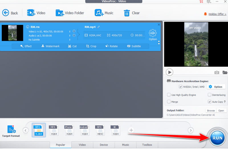 RM в VideoProc Converter и кнопка RUN