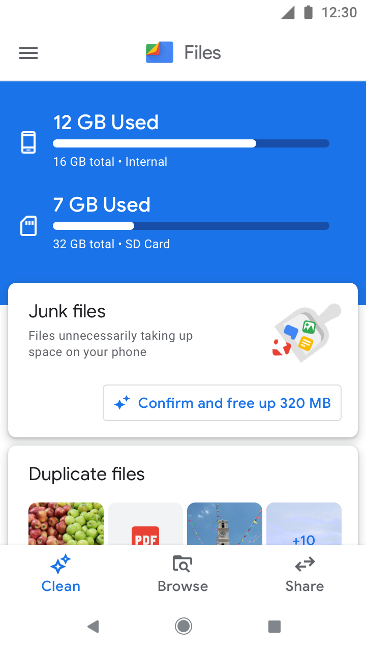 Экран Clean в Files by Google с карточками очистки памяти