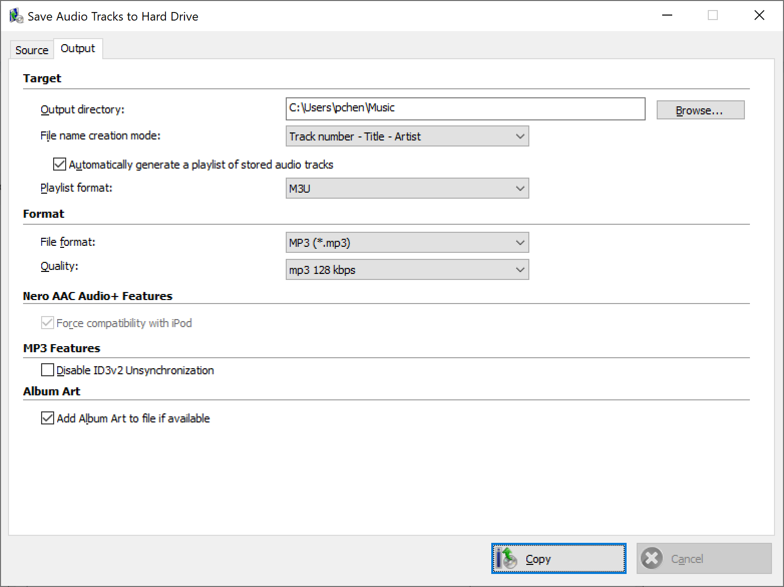 Вкладка Output в окне Save Audio Tracks Nero Burning ROM