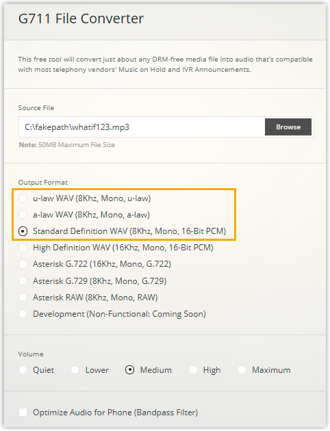 G711 File Converter с пресетами u-law WAV, a-law WAV и PCM