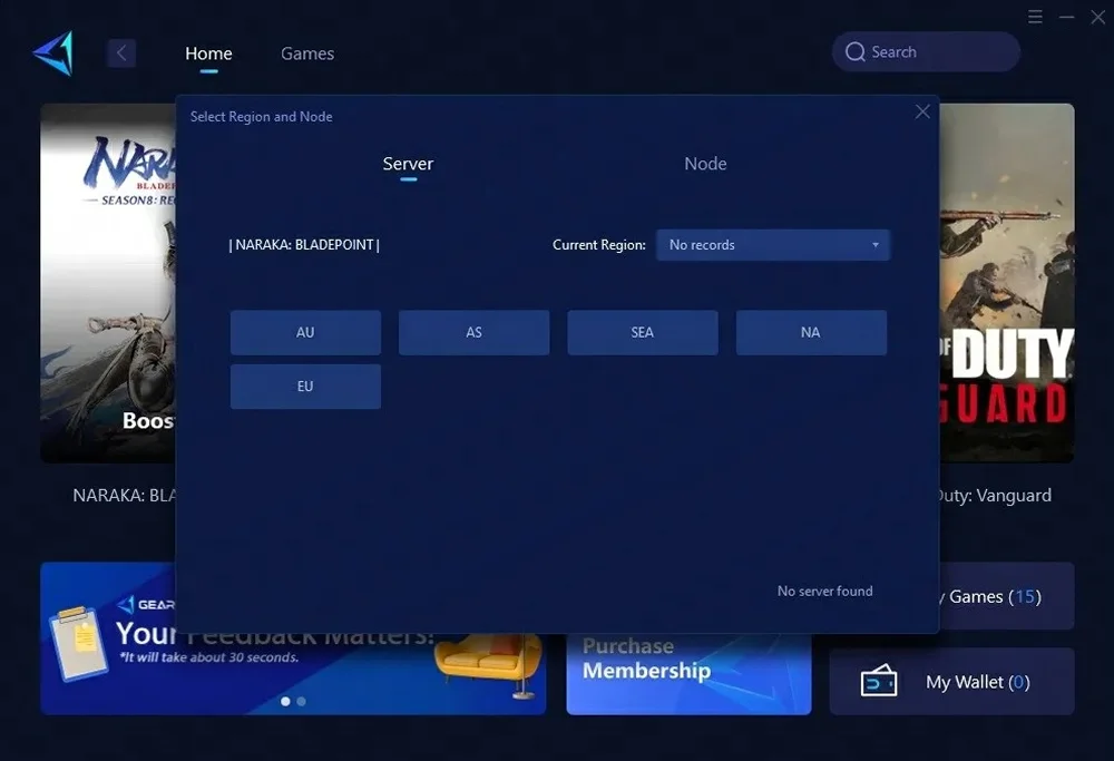 Интерфейс GearUP с выбором игры и маршрута