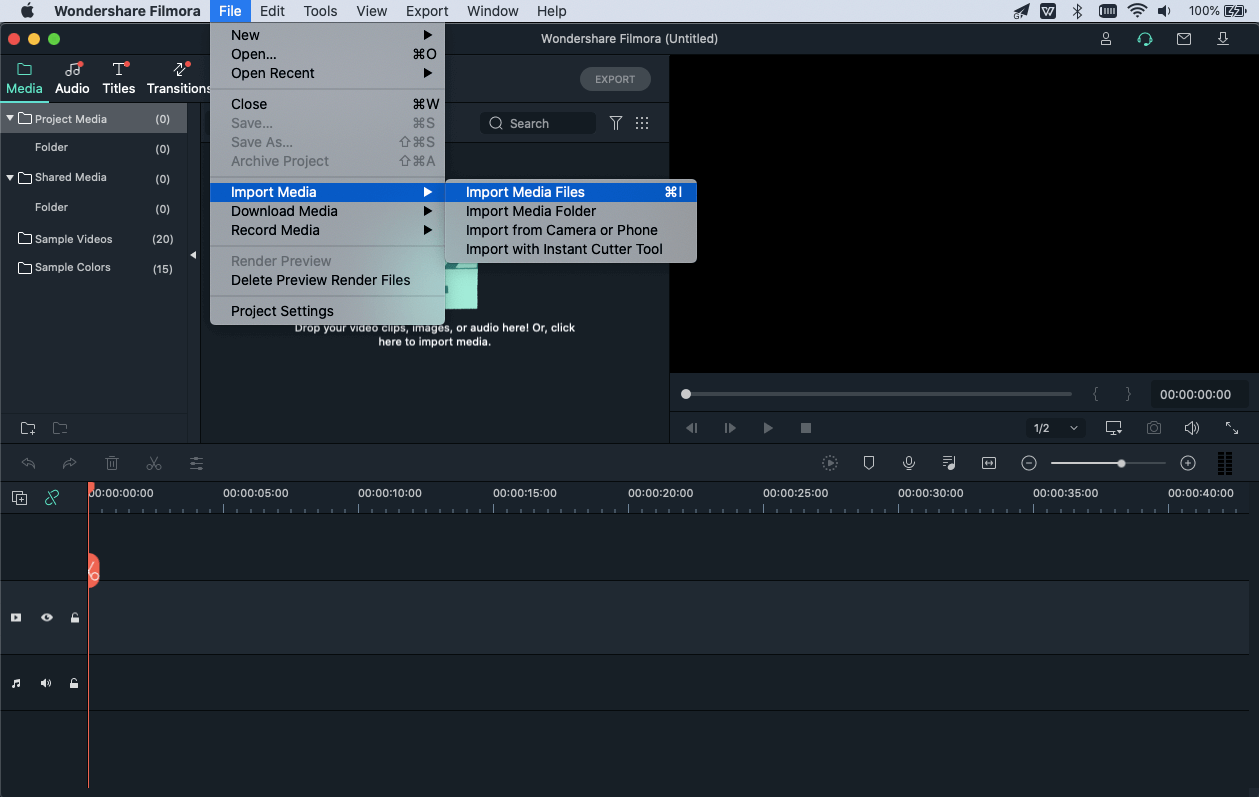 Wondershare Filmora for Mac: File — Import Media — Import Media Files