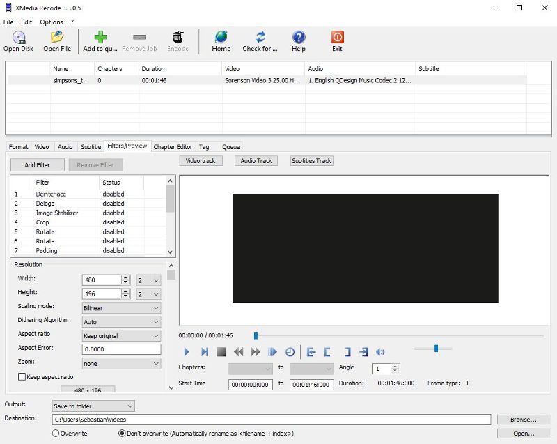 Вкладка Filters/Preview в XMedia Recode с фильтрами и окном предварительного просмотра