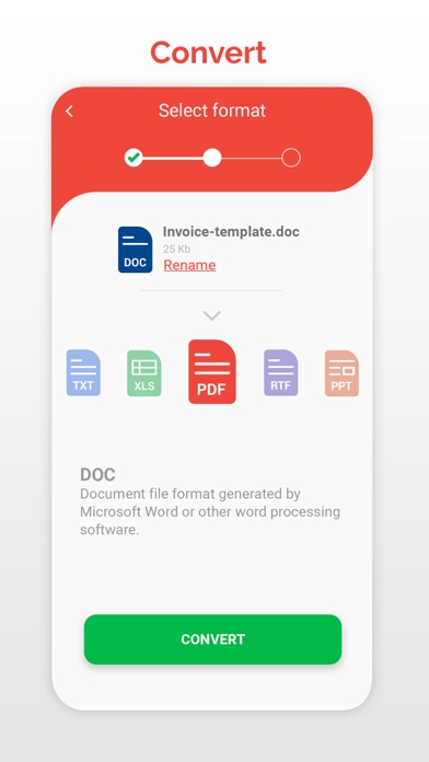 PDF Converter and Editor + AI: экран выбора выходного формата RTF