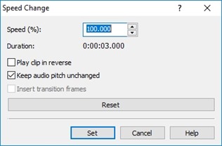 Окно Speed Change в VideoPad с настройкой процента скорости и реверсом