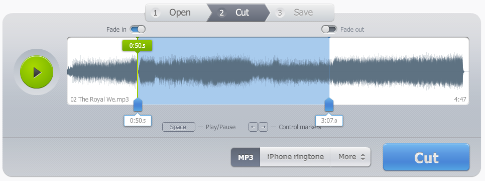 Рабочая область MP3Cut с волновой формой, маркерами и кнопкой Cut