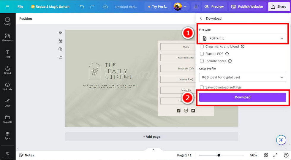 Canva: окно Download с выбранным типом файла PDF Print