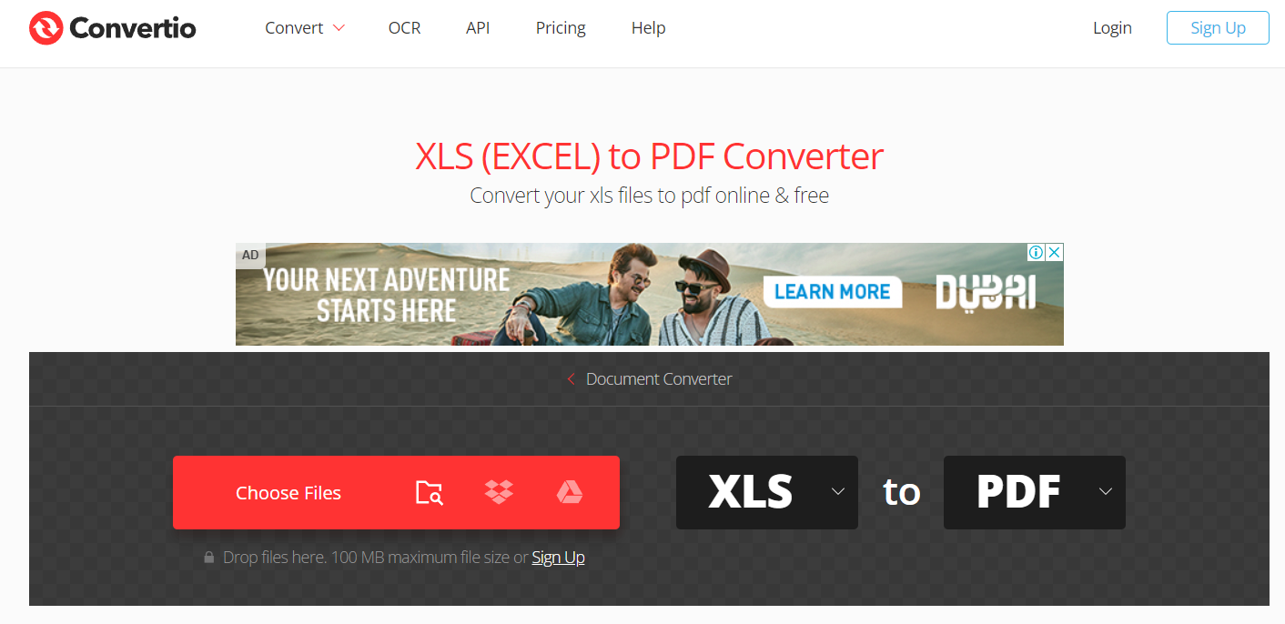 Интерфейс Convertio при конвертации Excel или XLS в PDF