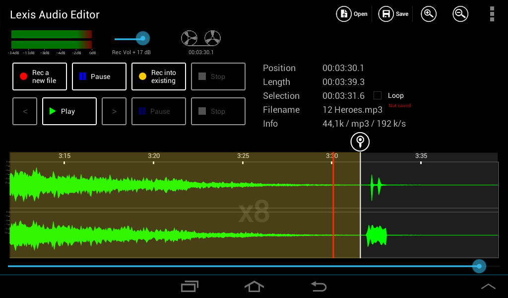 Lexis Audio Editor на Android: увеличенный участок звуковой волны для точной границы