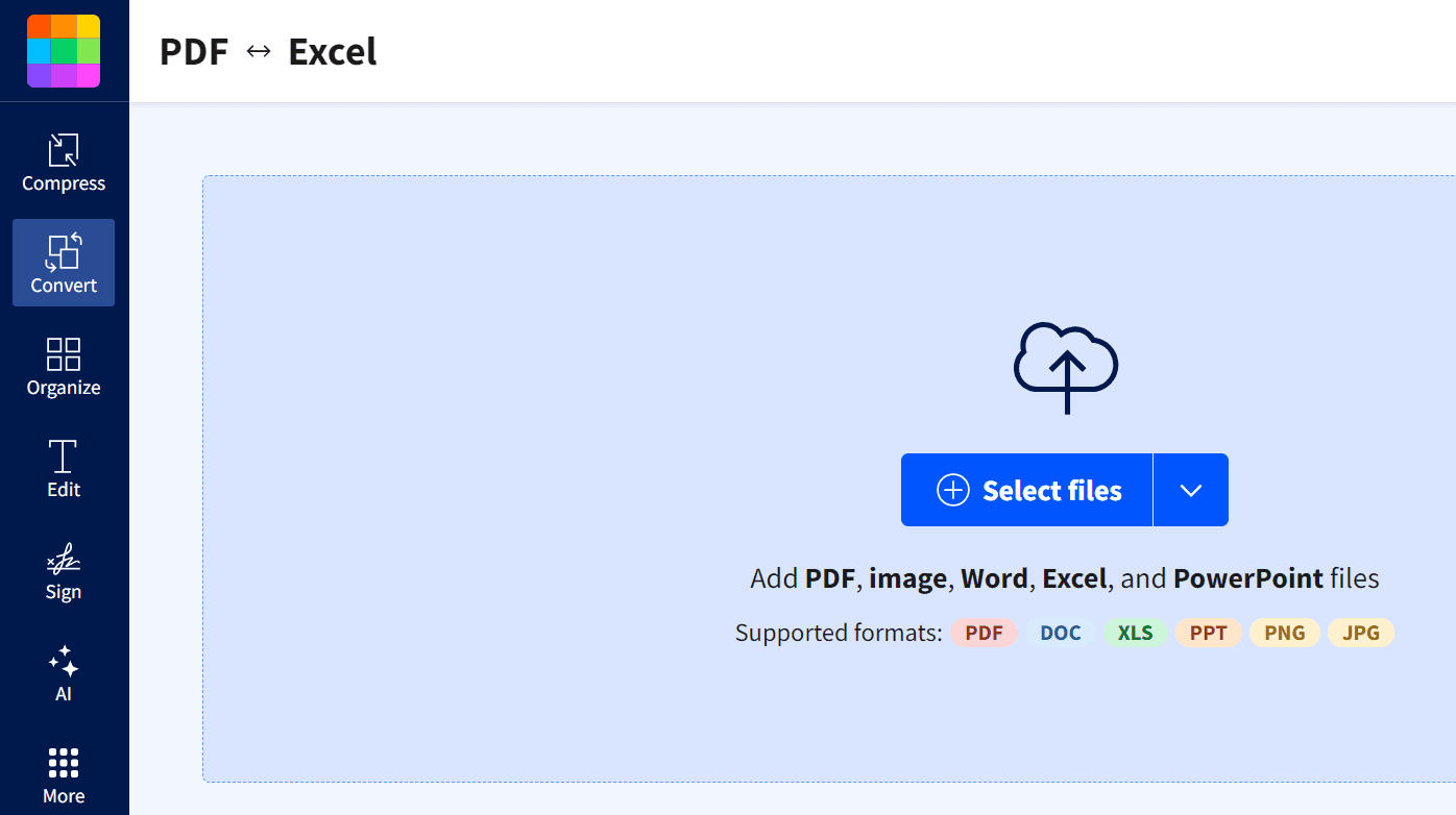 Интерфейс Smallpdf для преобразования PDF в Excel