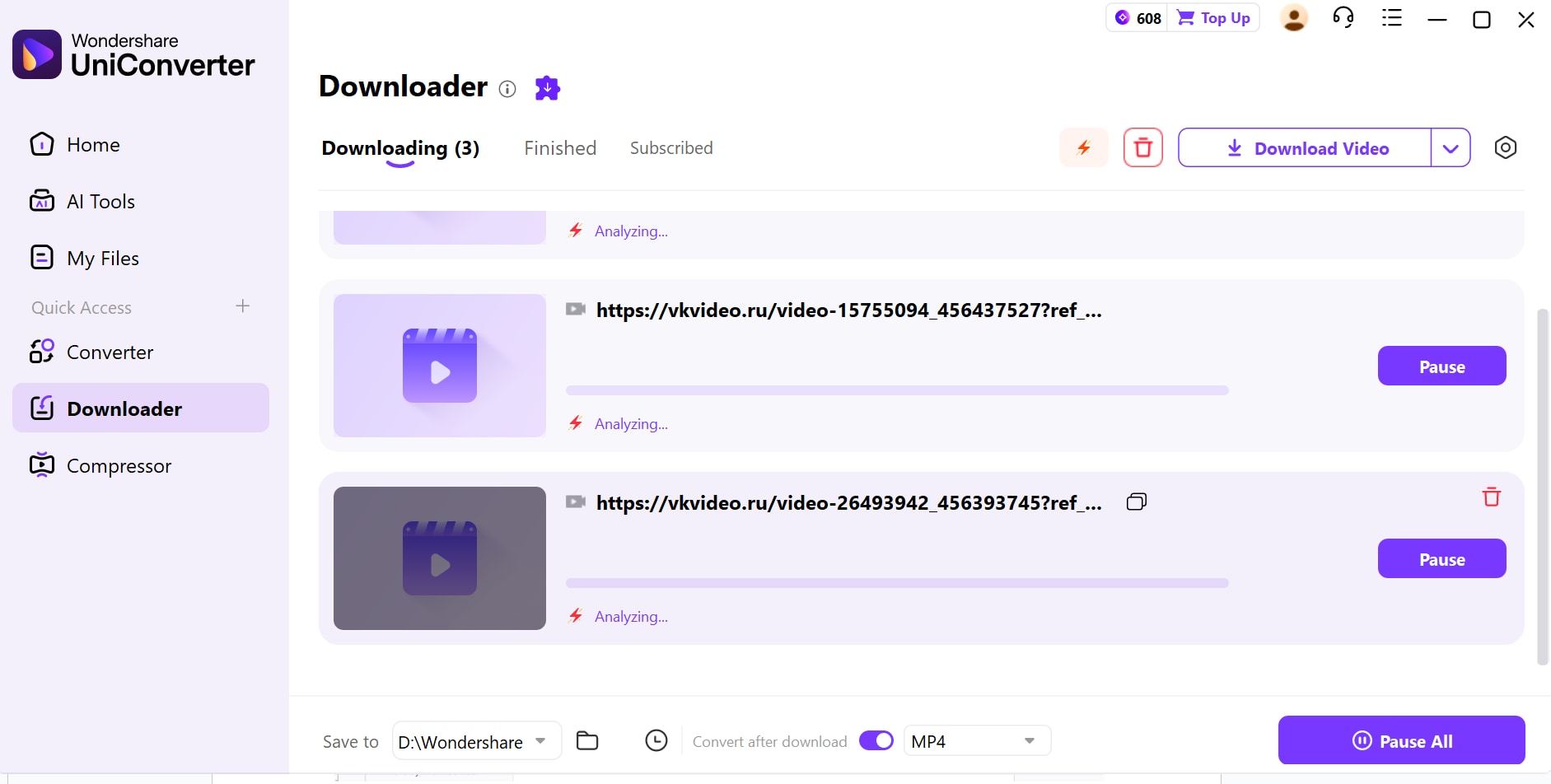 Запуск нескольких загрузок в Wondershare UniConverter