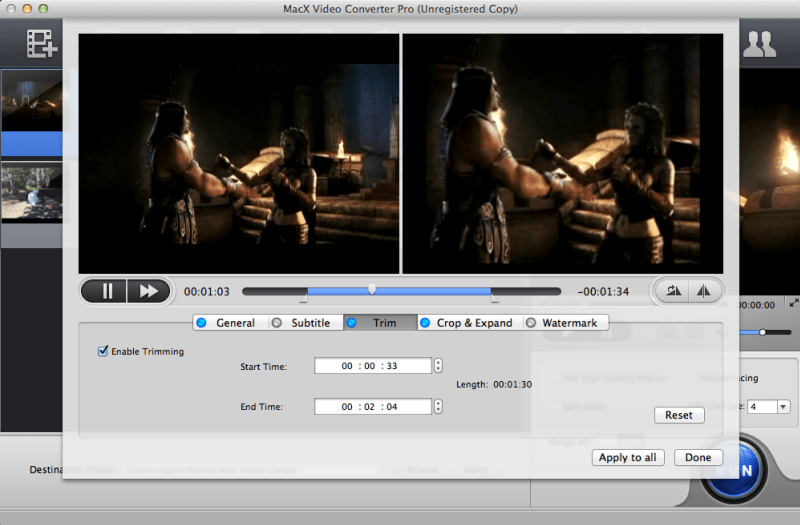 Окно Trim в MacX Video Converter Pro с полями Start Time и End Time для обрезки фрагмента