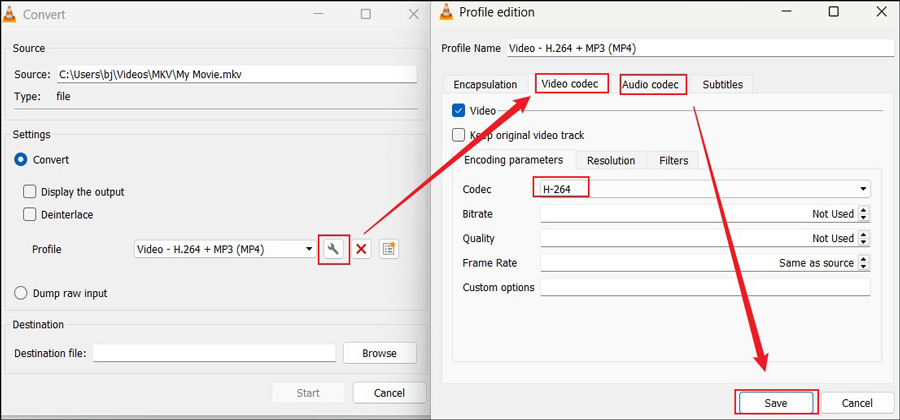 Окно VLC Media Player с выбором профиля конвертации