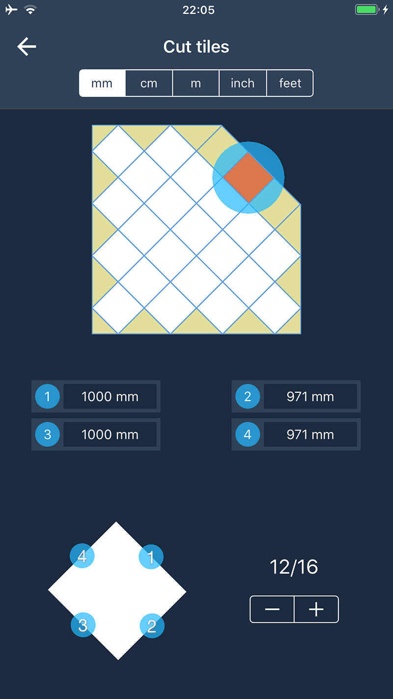 Интерфейс Floor Covering с размерами подрезанных плиток и выбором единиц измерения