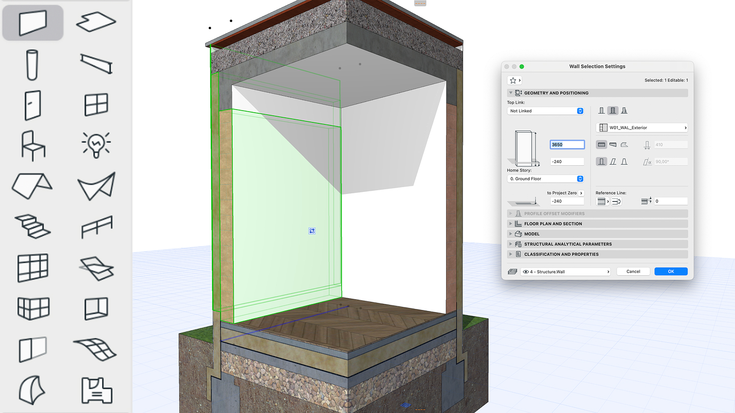 Интерфейс Archicad с параметрами стены