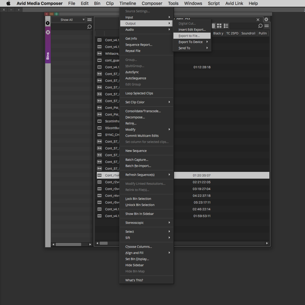 Команда Export to File в Avid Media Composer