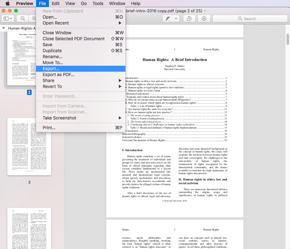 Меню Export в Preview на macOS