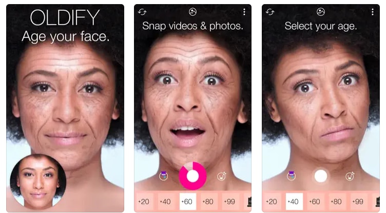 Интерфейс Oldify с выбором прибавки возраста от 20 до 99 лет