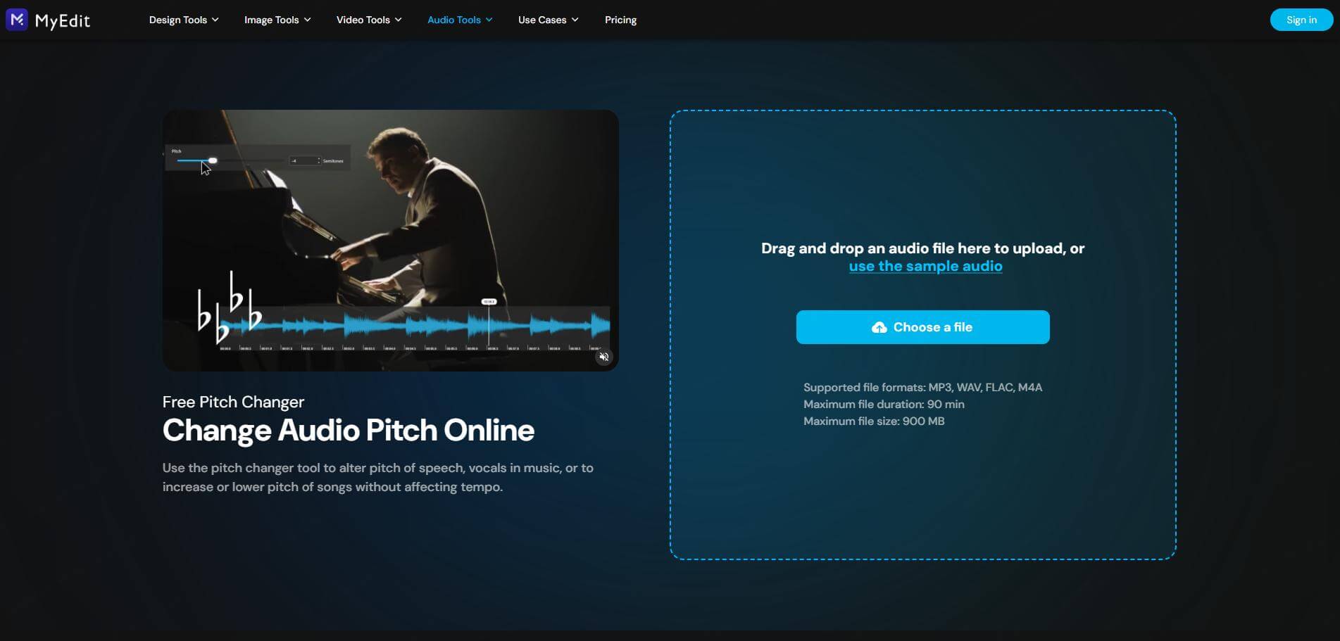 MyEdit — интерфейс онлайн-инструмента Change Audio Pitch с ползунком Pitch и загрузкой аудиофайла