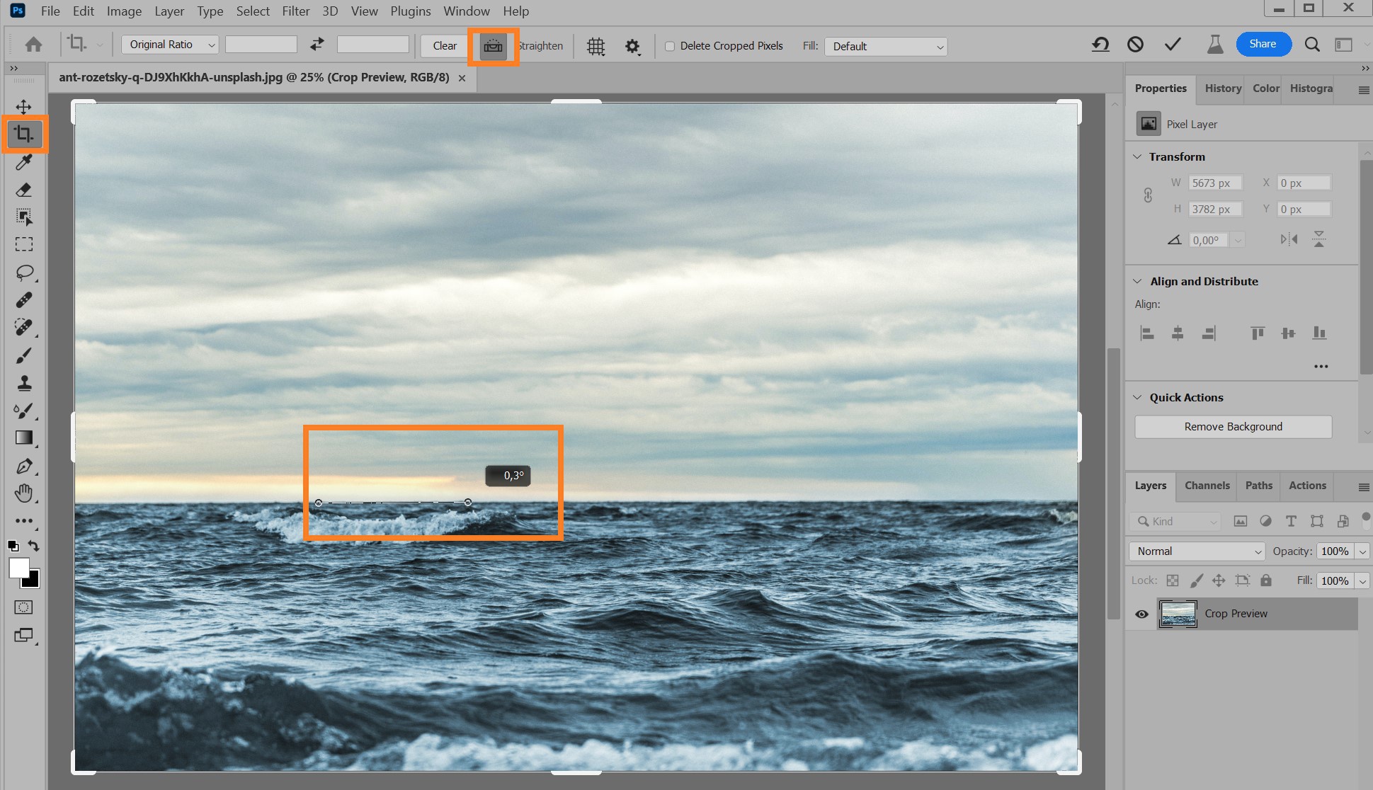 Инструмент выпрямления по линии в Adobe Photoshop