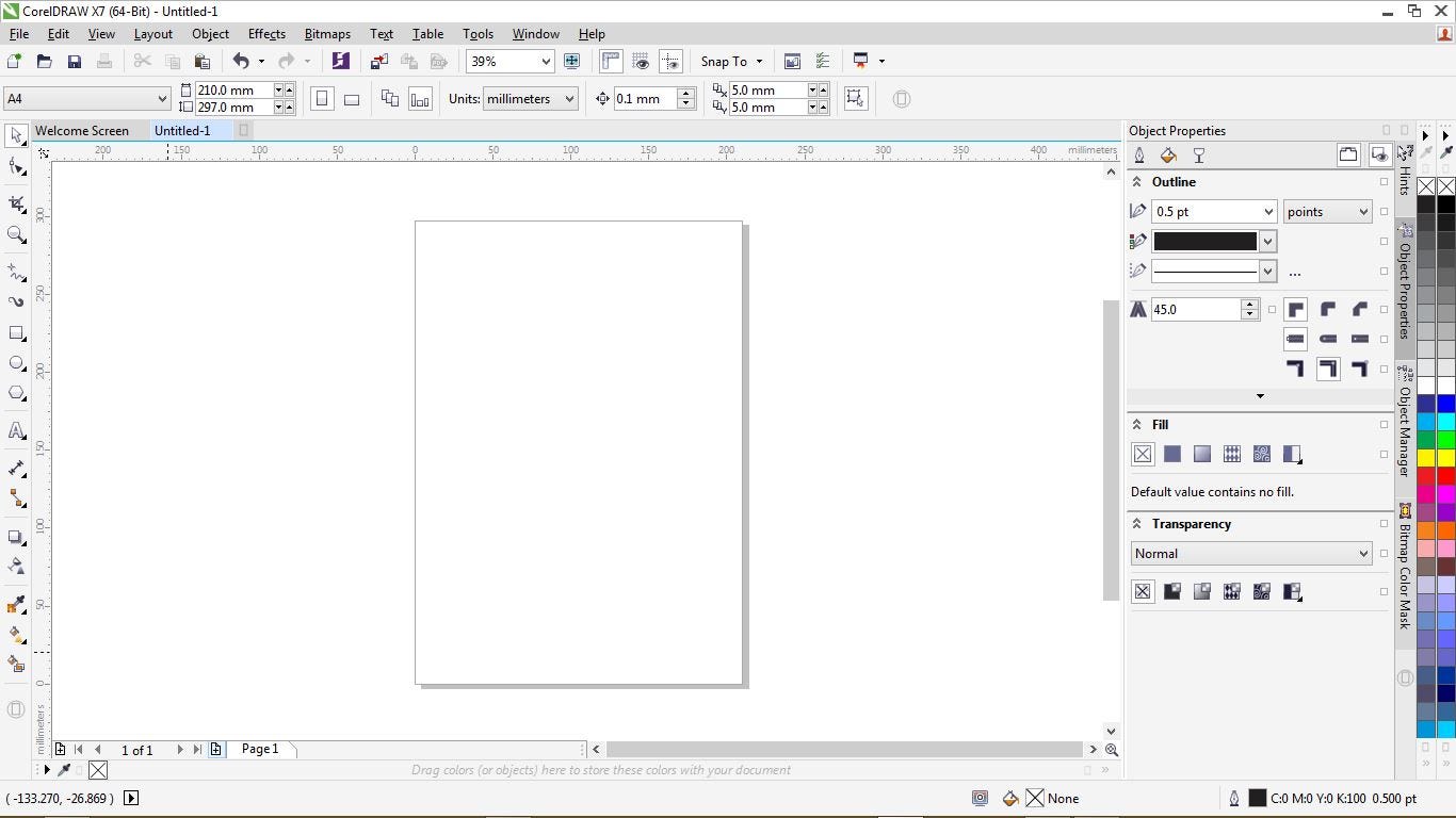 Интерфейс CorelDRAW с рабочей страницей A4, панелью свойств и объектами
