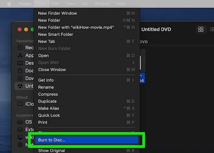 Finder в macOS: команда Burn to Disc для подготовленного файлового диска