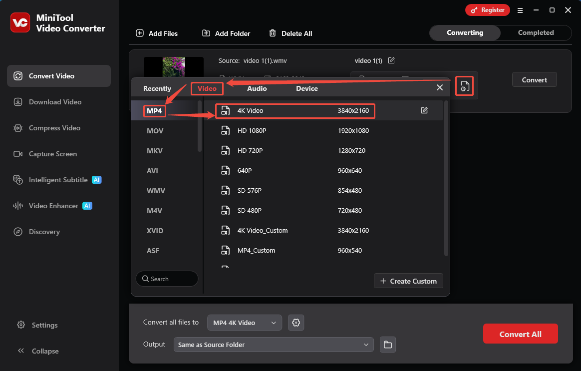 MiniTool Video Converter: выбор MP4