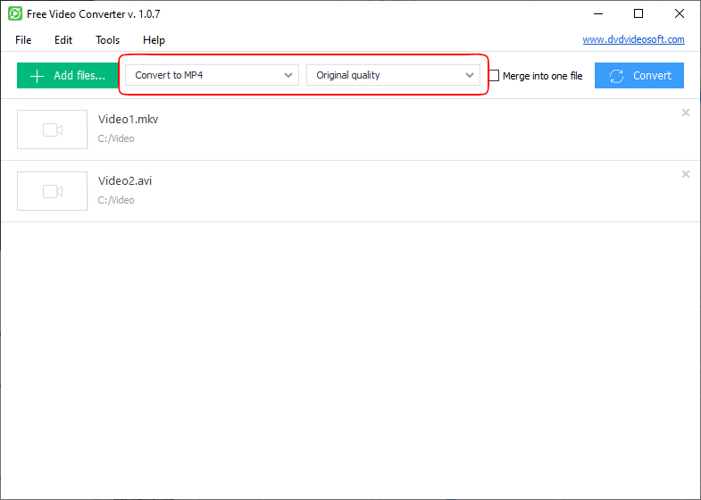 Очередь файлов в DVDVideoSoft Free Video Converter и выделенные выпадающие списки формата и качества