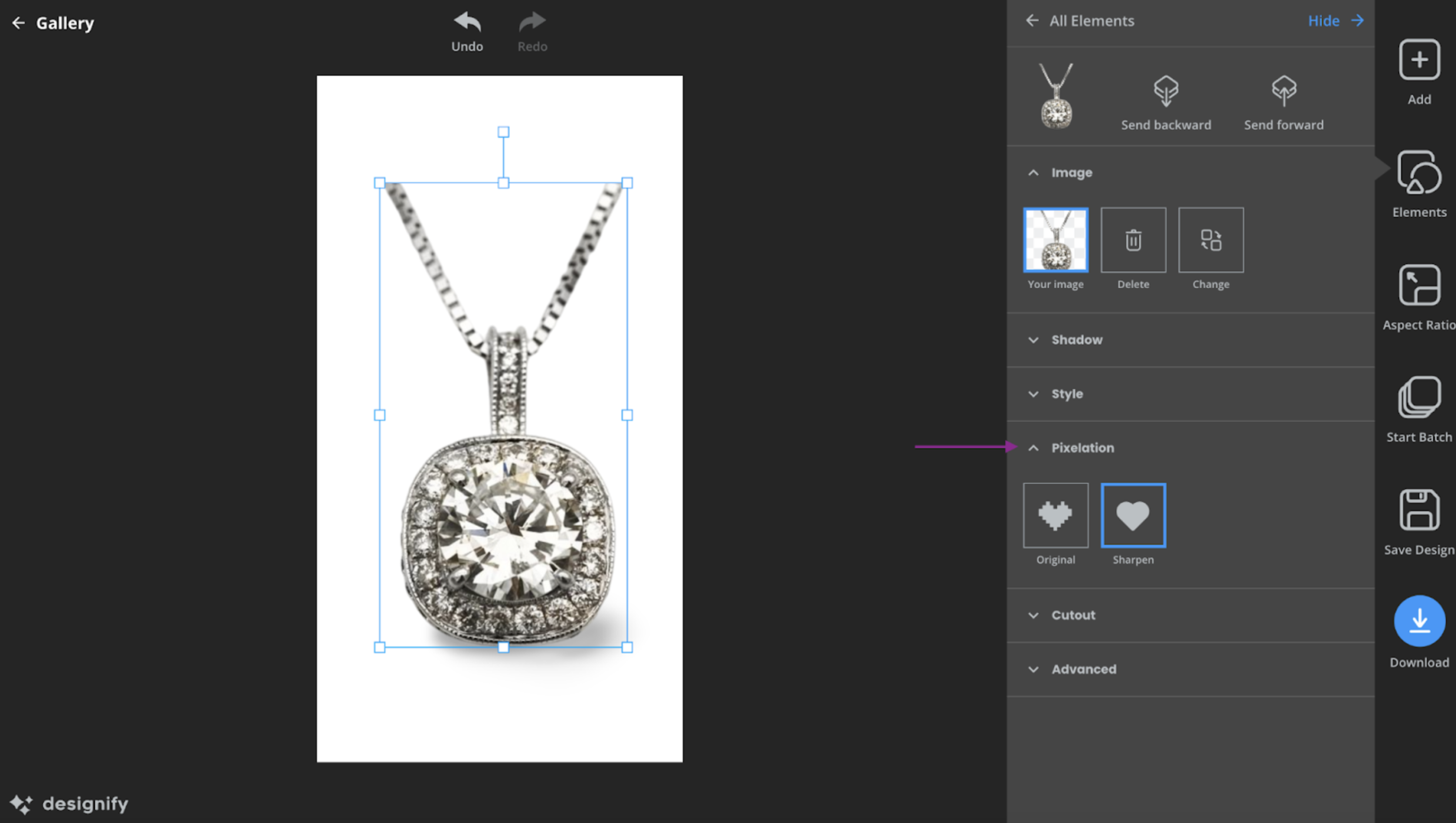 Настройки Pixelation в Designify с вариантами Original и Sharpen