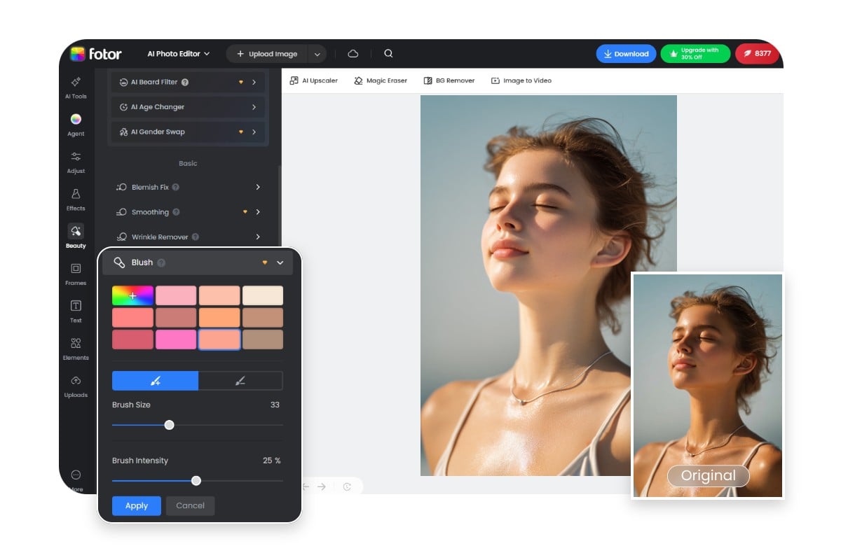 Fotor: панель Blush для изменения цвета кожи
