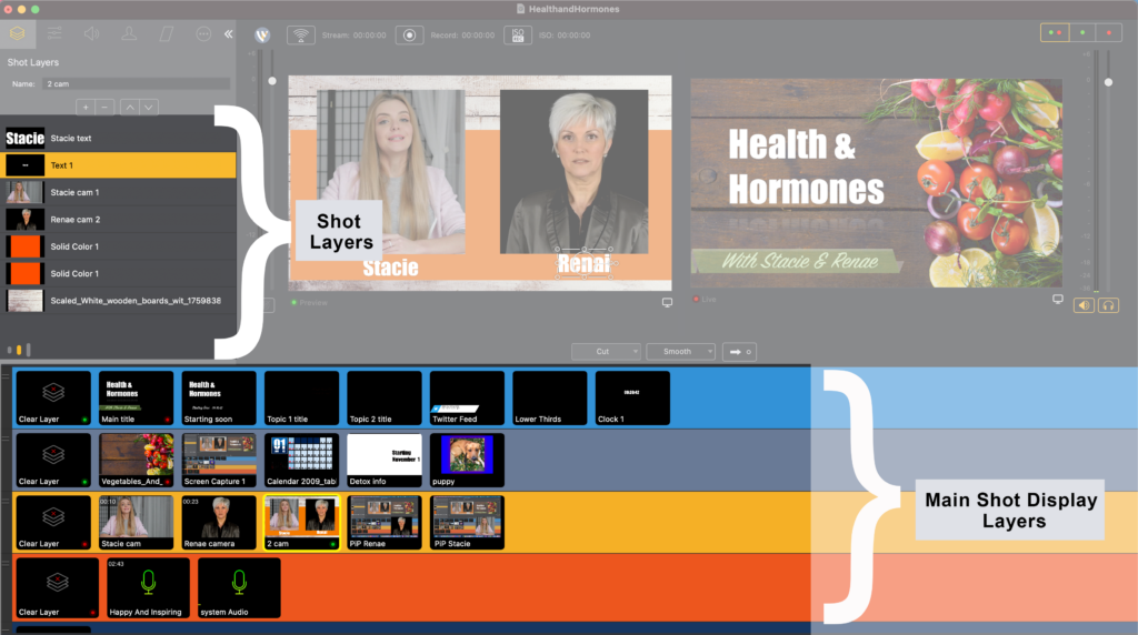Слои Wirecast: Shot Layers и Main Shot Display Layers в рабочем окне программы