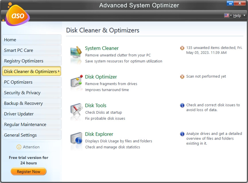 Раздел Disk Cleaner and Optimizers в Advanced System Optimizer