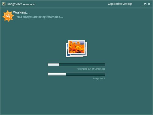 Экран обработки ImageSizer Working с прогрессом текущего изображения и всей партии