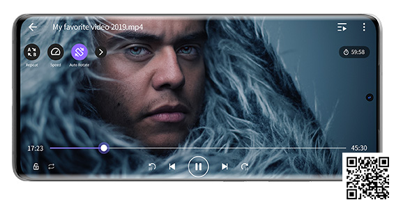 Мобильный интерфейс KMPlayer во время воспроизведения видео с кнопками повтора, скорости и автоповорота