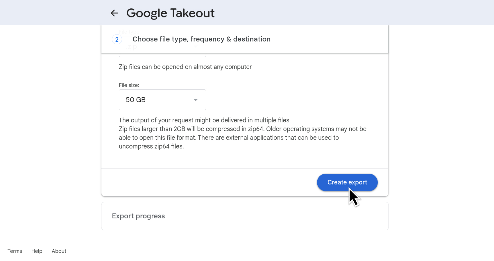 Кнопка Create export в Google Takeout