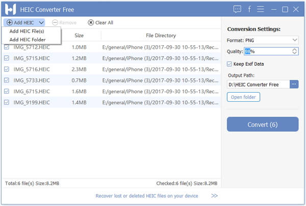 Список добавленных HEIC-файлов и панель Conversion Settings в FonePaw HEIC Converter Free