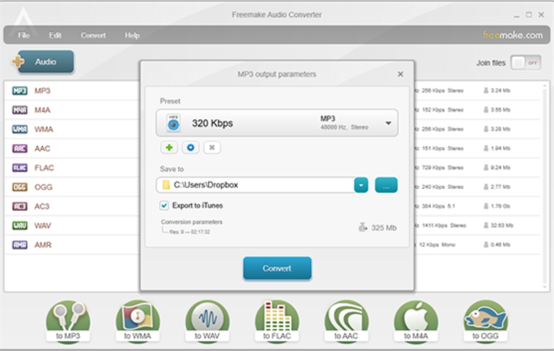 Окно Freemake Audio Converter с параметрами MP3 и кнопкой Convert