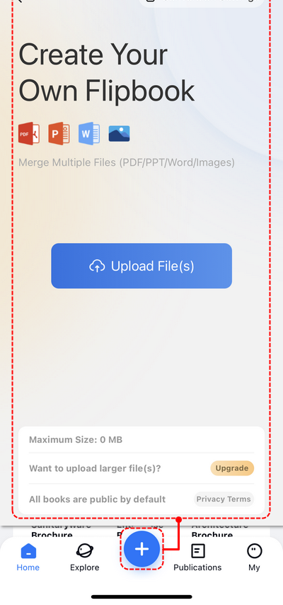 Кнопка Upload в мобильном приложении FlipHTML5
