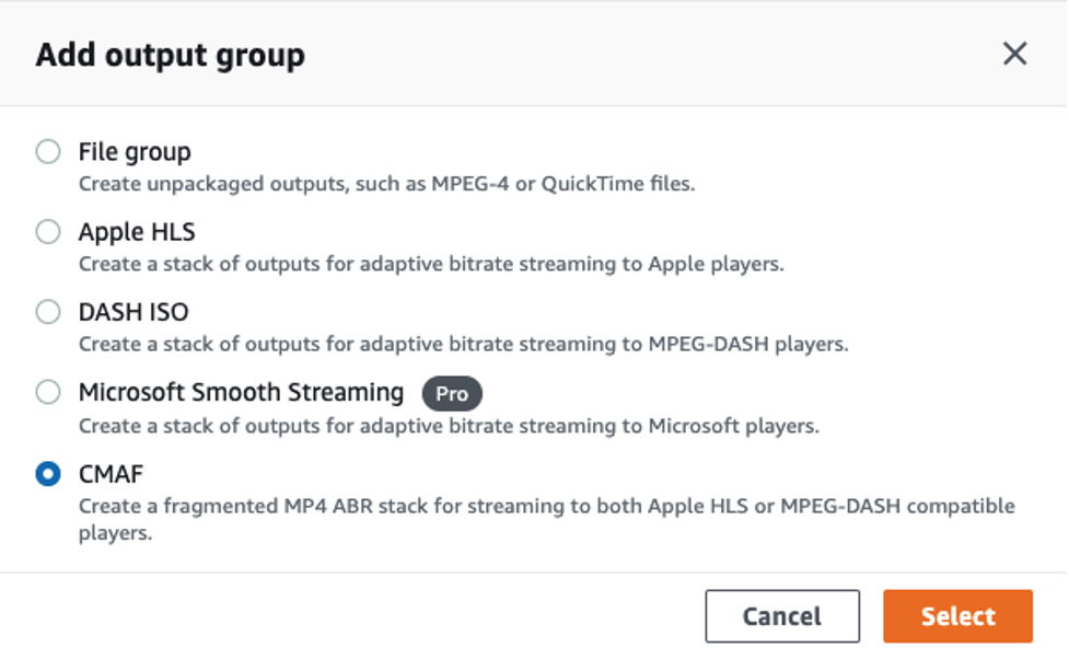 Окно Add output group в AWS Elemental MediaConvert с выбранным CMAF