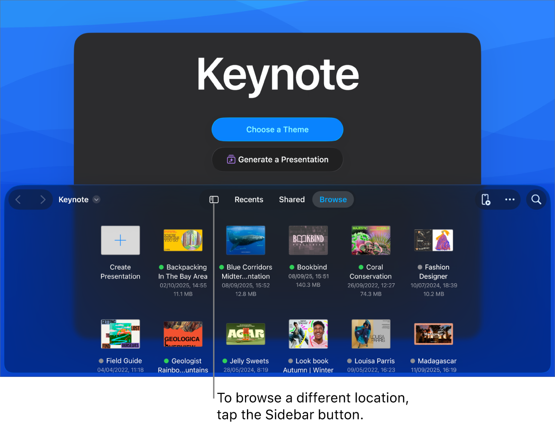 Менеджер документов Keynote на iPad с файлами презентаций