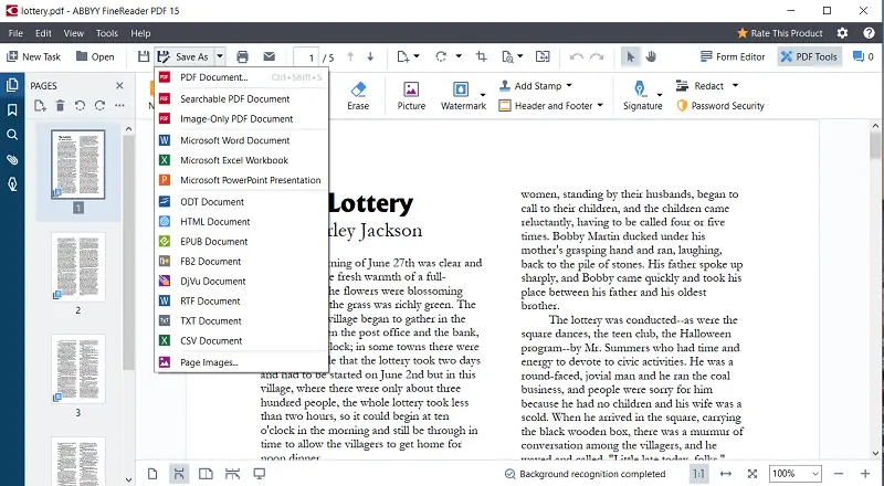 ABBYY FineReader PDF: меню Save As с форматом RTF Document