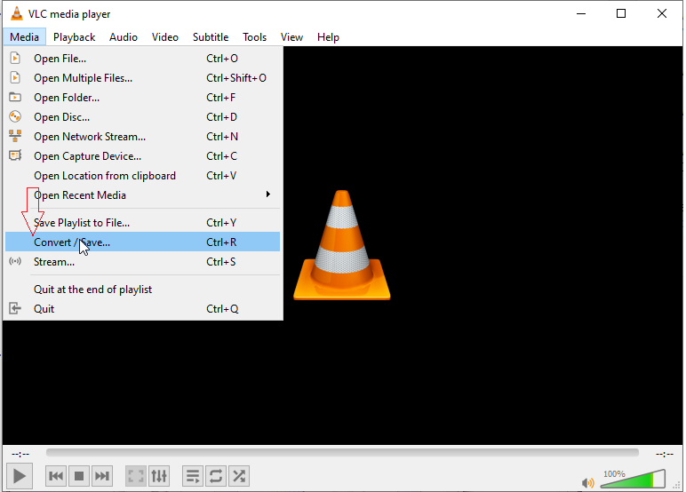 Меню Media в VLC и команда Convert Save