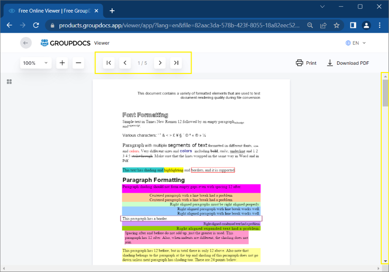 Окно GroupDocs Viewer после открытия файла с навигацией и масштабом