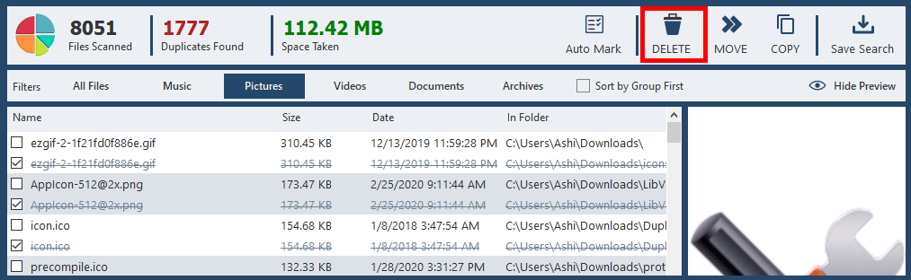 Кнопка DELETE в результатах поиска Ashisoft Duplicate File Finder Pro