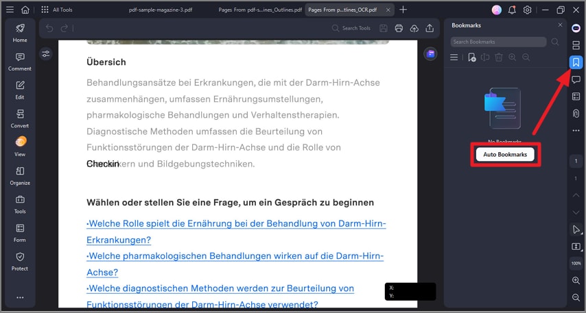 Кнопка Auto Bookmarks в панели PDFelement