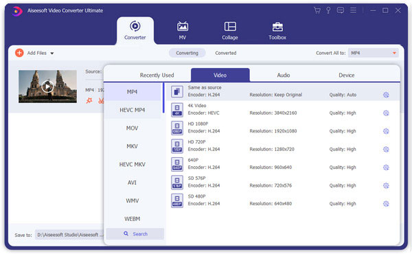 Окно выбора выходного формата в Aiseesoft Video Converter Ultimate