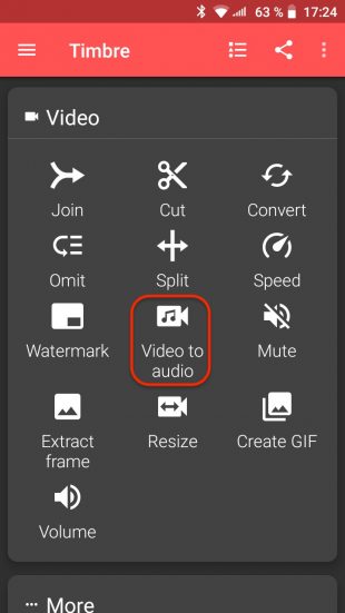 Извлечение аудио в Timbre на Android, экран 1