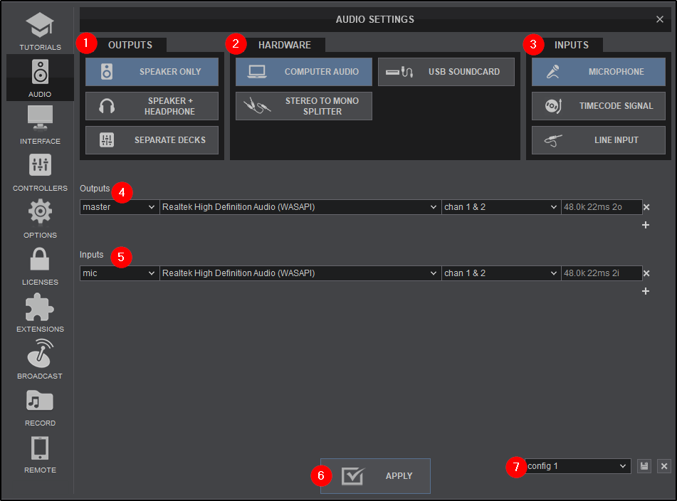 Audio Setup в VirtualDJ с выбором выходов, устройств и профилей